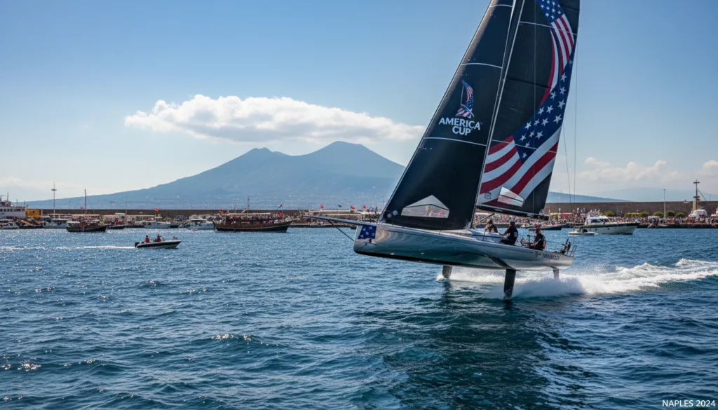A stunning image of an America's Cup yacht racing at high speed on the open sea, showcasing its sleek design and vibrant sail colors, with the backdrop of the picturesque Naples coastline. In the foreground, the yacht is depicted slicing through the waves, water splashing dramatically, capturing the thrill of the race. The middle ground features a panoramic view of the Naples harbor, dotted with cheering spectators and other sailing vessels. In the background, the iconic Mount Vesuvius looms majestically under a bright blue sky with puffy white clouds. The lighting is bright and inviting, casting reflections on the water, creating a lively and energetic atmosphere that embodies the excitement of the upcoming America's Cup events. The angle is slightly elevated, offering a dynamic perspective on the action.
