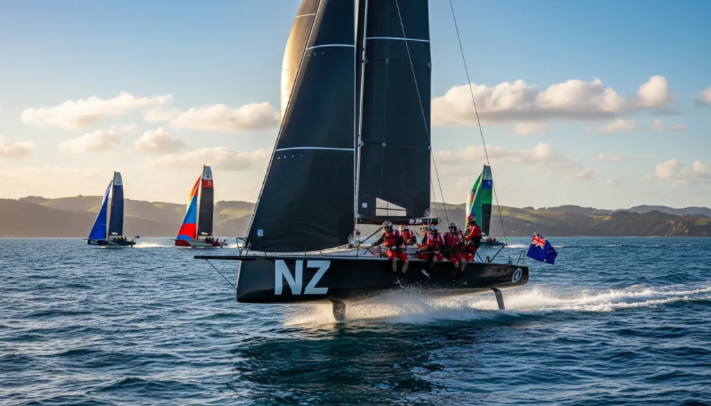 A stunning scene capturing a high-speed America's Cup yacht racing on the open sea, representing the Royal New Zealand Yacht Squadron. In the foreground, the sleek, modern yacht with distinctive 'NZ' insignia cuts through vibrant blue waves, spray sparkling in the sunlight. The crew, dressed in professional sailing attire, maneuvers efficiently, showcasing teamwork and skill. In the middle ground, additional yachts compete, with their colorful sails billowing against the wind. The background features a clear sky dotted with fluffy clouds, complemented by distant coastal hills of New Zealand. Soft, golden sunlight enhances the lively atmosphere, conveying excitement and the spirit of competition in this iconic yachting moment. A stunning scene capturing a high-speed America's Cup yacht racing on the open sea, representing the Royal New Zealand Yacht Squadron. In the foreground, the sleek, modern yacht with distinctive 'NZ' insignia cuts through vibrant blue waves, spray sparkling in the sunlight. The crew, dressed in professional sailing attire, maneuvers efficiently, showcasing teamwork and skill. In the middle ground, additional yachts compete, with their colorful sails billowing against the wind. The background features a clear sky dotted with fluffy clouds, complemented by distant coastal hills of New Zealand. Soft, golden sunlight enhances the lively atmosphere, conveying excitement and the spirit of competition in this iconic yachting moment.