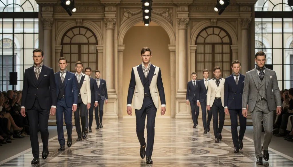 A stylish and elegant menswear fashion show setting, featuring a runway with a luxurious design. In the foreground, a group of determined, well-dressed men in tailored suits and contemporary accessories, showcasing Dolce & Gabbana's latest collection. The middle features the runway with a subtle spotlight illuminating the models while the backdrop displays Italian architectural elements, evoking a sense of heritage and identity. Soft, warm natural light filters through, creating an inviting atmosphere. The scene is captured from a slightly elevated angle, providing a dynamic perspective that showcases the sophistication of the event. The mood is energetic yet refined, reflecting the merging of tradition and modernity in men's fashion for the upcoming year. The image is free from any text or branding elements, focusing solely on the essence of the fashion show.