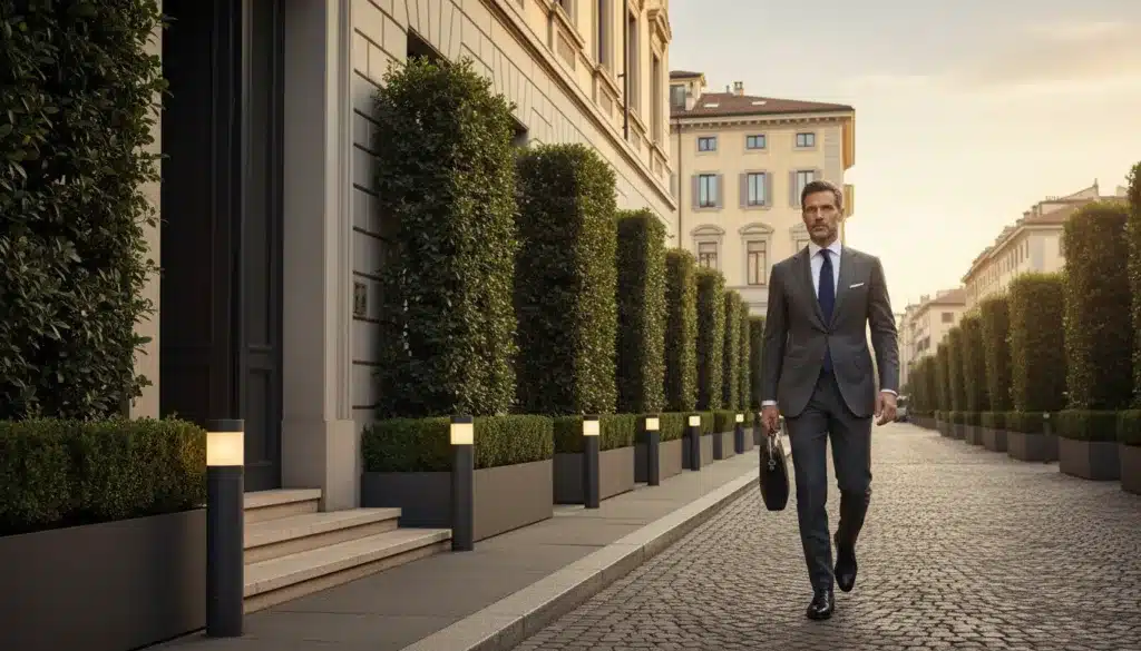 A stylish view of "Casa Via Borgonuovo," the elegant home of Giorgio Armani in Milan. The foreground features the main entrance, showcasing sleek modern architectural lines and rich materials, lined with lush greenery and sophisticated outdoor lighting. In the middle, capture a refined, well-dressed man in business attire, embodying the essence of luxury and sobriety as he walks confidently along the cobblestone street, with a subtle expression of determination. The background presents a clear sky and the architectural beauty of Via Borgonuovo, softly illuminated by natural light during the golden hour. The mood is one of elegance and professionalism, highlighting the evolution of men's style within a prestigious urban context.