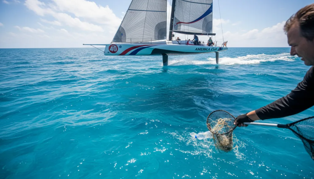 A vibrant scene capturing an America's Cup yacht racing at high speed across a clear blue ocean, with whitecaps framing the sleek hull cutting through the waves. In the foreground, a close-up of a sailor's hand meticulously collecting plastic waste from the sea, symbolizing active stewardship of the marine environment. The middle ground showcases the yacht's dynamic sails billowing in the wind, reflecting a sense of urgency and excitement. In the background, the vast horizon meets a brilliant sky, dotted with fluffy white clouds, emphasizing the beauty of nature. The image is lit with bright sunlight, creating sparkling reflections on the water's surface. The overall mood conveys a commitment to sustainability and hope for the future of our oceans.