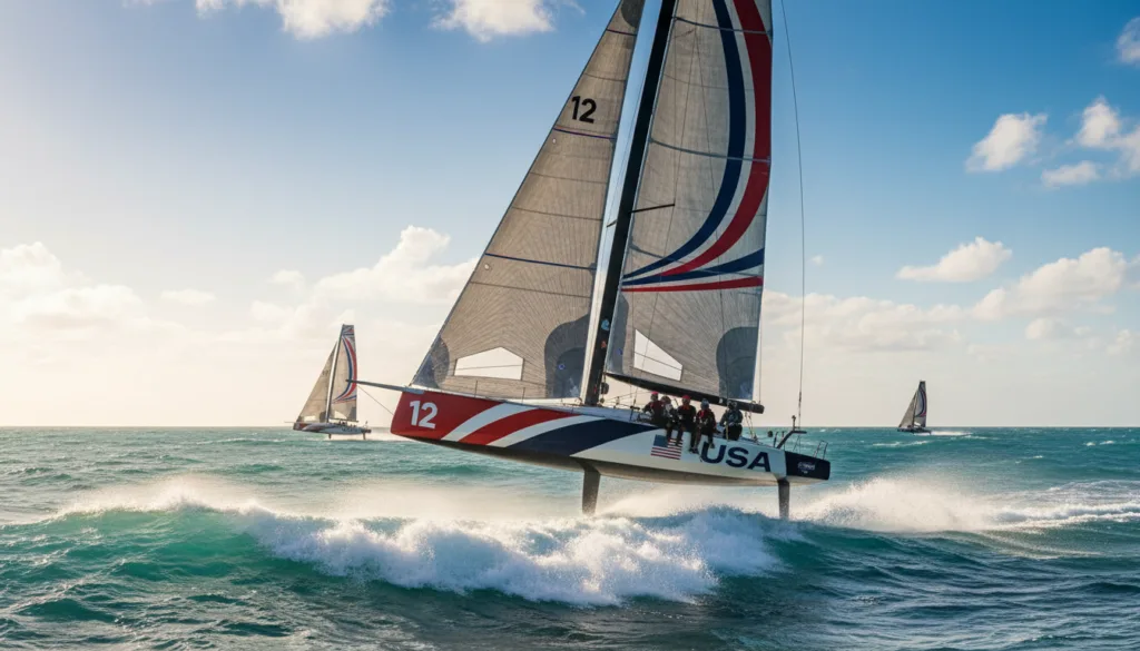 A vibrant scene capturing an America's Cup yacht racing on the open sea, showcasing the yacht's sleek design and billowing sails as it cuts through the waves at high speed. In the foreground, the yacht is depicted in sharp focus, demonstrating the adrenaline of the race. The middle ground features rolling waves and splashes of water, adding dynamism to the image. In the background, a bright blue sky dotted with fluffy white clouds complements the lively atmosphere. The lighting is bright and warm, suggesting a sunny day at sea. The overall mood conveys excitement and competition, perfect for illustrating the thrill of watching the America's Cup.