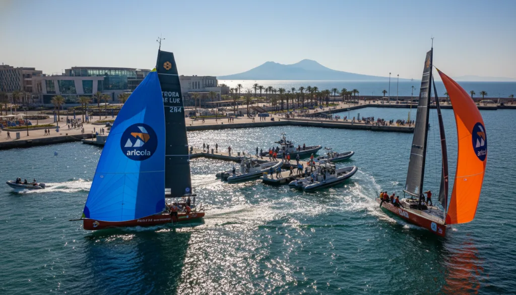 A vibrant scene capturing the base of team operations for the America's Cup in Bagnoli, Naples. In the foreground, modern yachts display their colorful sails billowing in the wind, helmed by skilled sailors dressed in professional sailing gear, focusing intently on their race. In the middle ground, sleek motorboats buzz around, while docked support boats are visible, indicating a busy event atmosphere. The background reveals Bagnoli's revitalized waterfront, featuring modern buildings and lively public spaces under a clear blue sky. Soft sunlight casts dynamic reflections on the water, creating an energetic yet sophisticated mood. The angle is slightly elevated, offering a panoramic view of the bustling scene and the breathtaking Gulf of Naples, suggesting excitement and vibrancy in the heart of international sailing.