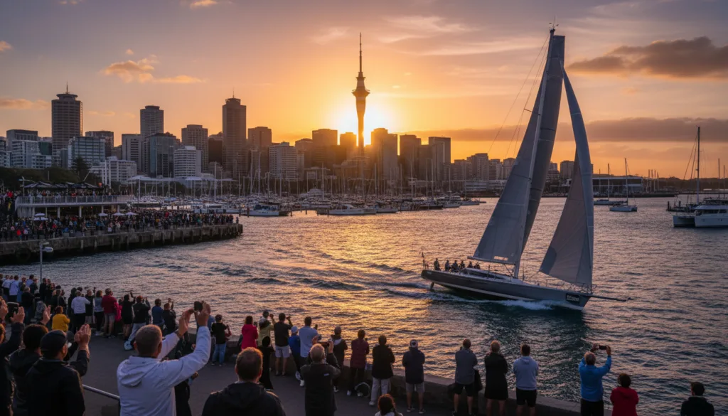 A vibrant scene showcasing Auckland, New Zealand, as the sun sets behind the iconic Sky Tower, casting a warm golden hue over the city. In the foreground, a sleek America’s Cup yacht slices through the deep blue waters of the Waitematā Harbour, its sails billowing in the wind as it races at high speed. Nearby, spectators watch from the waterfront with expressions of excitement, dressed in casual attire. The middle ground features Auckland's bustling marina, with other boats and cafes bustling with life. In the background, the dramatic silhouette of the city's skyline contrasts against the colorful sunset, creating a dynamic atmosphere of celebration and competition. The image captures the essence of maritime culture and the spirit of sailing in New Zealand, inviting admiration and interest in the sport.