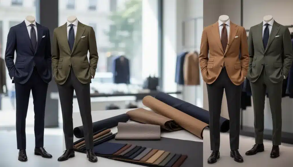 An elegant display of modern men’s fashion emphasizing high-quality materials, harmonious colors, and refined silhouettes. In the foreground, silhouettes of sophisticated male figures dressed in tailored suits made of luxurious fabrics, showcasing sharp lines and contemporary cuts. The middle ground features a subtle arrangement of fabric swatches in rich, muted tones reflecting the collection's palette, including deep navy, warm taupe, and charcoal gray. In the background, soft-focus lighting creates an airy atmosphere, hinting at a high-end boutique setting. The scene is illuminated by natural light, with a shallow depth of field, giving it a premium editorial style that conveys a sense of quiet luxury and understated confidence. An elegant display of modern men’s fashion emphasizing high-quality materials, harmonious colors, and refined silhouettes. In the foreground, silhouettes of sophisticated male figures dressed in tailored suits made of luxurious fabrics, showcasing sharp lines and contemporary cuts. The middle ground features a subtle arrangement of fabric swatches in rich, muted tones reflecting the collection's palette, including deep navy, warm taupe, and charcoal gray. In the background, soft-focus lighting creates an airy atmosphere, hinting at a high-end boutique setting. The scene is illuminated by natural light, with a shallow depth of field, giving it a premium editorial style that conveys a sense of quiet luxury and understated confidence.