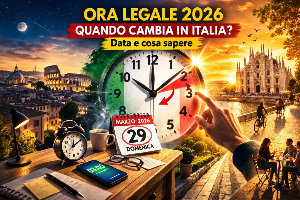 Nel 2026 l’ora legale torna nella notte tra sabato 28 e domenica 29 marzo; in quella notte, alle 02:00 le lancette dovranno essere spostate avanti di un’ora, diventando le 03:00