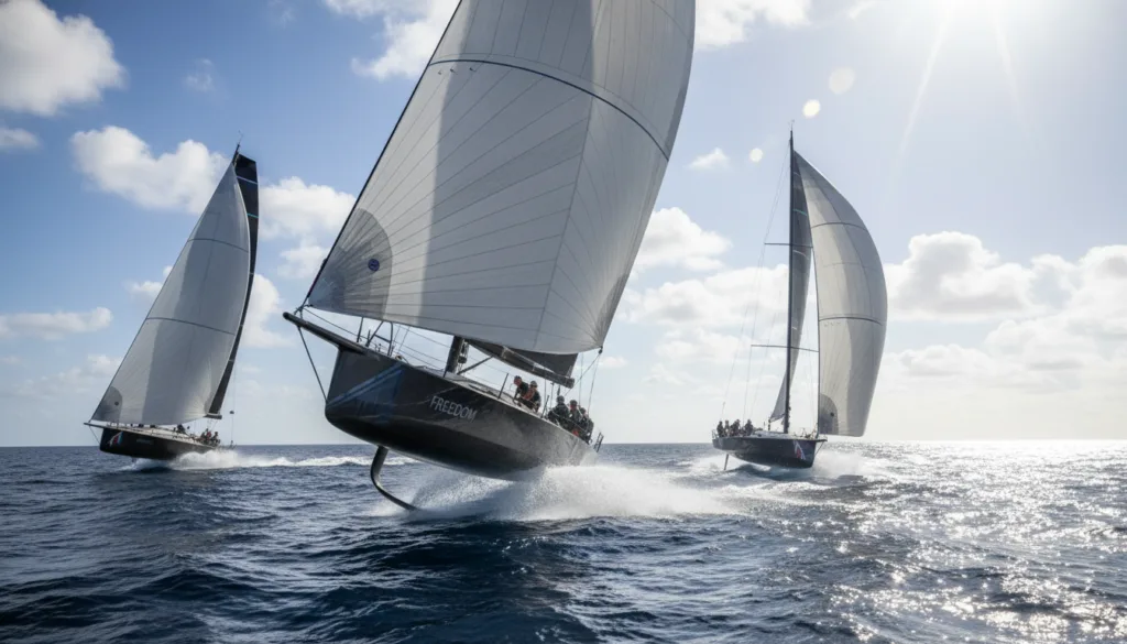A dynamic and realistic scene of an America's Cup yacht racing at high speed on the open sea, capturing the intense competition of fleet management. In the foreground, a sleek yacht is sharply leaning into the wind, its sails billowing dramatically, showcasing the tactics of cover, crossing, and maneuvers that can disrupt opponents. The middle ground features several other racing yachts in close proximity, creating a sense of urgency and strategy among the fleet. The background is adorned with a vivid blue sky and white-capped waves under bright sunlight, emphasizing the thrill of the race. The mood is exhilarating and competitive, with a focus on teamwork and strategy. The image should be taken from a low angle to showcase the yacht's power and speed, with lens flare effects from the sunlight.