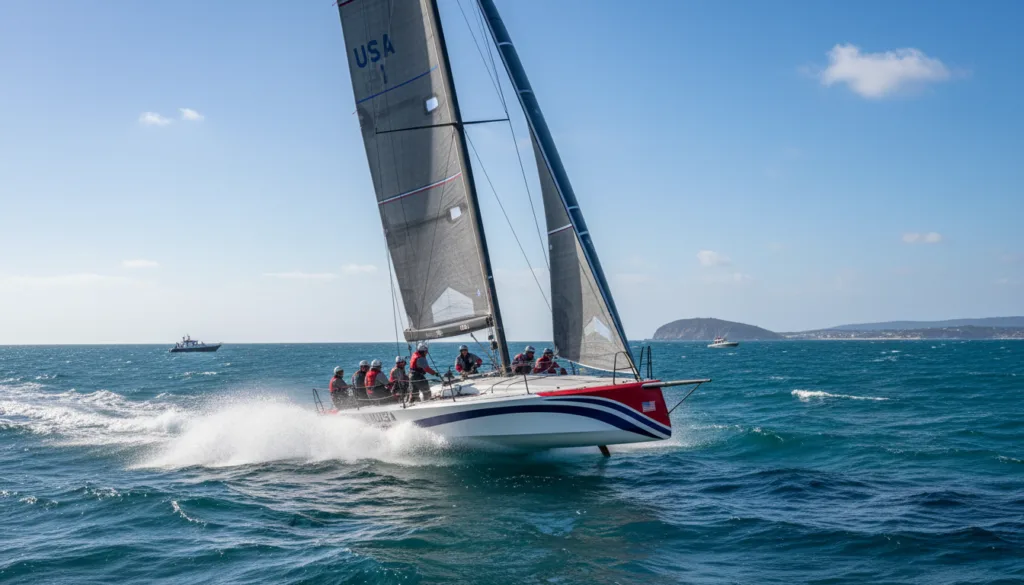 A dynamic scene capturing an America's Cup yacht racing at high speed through the open sea. In the foreground, the sleek, state-of-the-art yacht with its towering sails is tilted as it leans into the wind, splashing water dramatically. The crew, clad in professional sailing gear, are focused on their tasks, showcasing teamwork and athleticism. In the middle ground, the choppy turquoise waves reflect the sunlight, creating a vibrant contrast against the yacht's white hull. The background features a clear blue sky dotted with a few wispy clouds, emphasizing the exhilarating atmosphere of racing. The lighting is bright and natural, highlighting the energy of the scene while capturing the motion of the yacht. The overall mood is one of excitement, determination, and the thrill of competitive sailing.