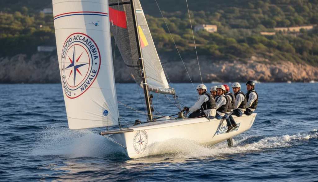 A dynamic scene depicting a sleek America's Cup yacht racing at high speed on the open sea, cutting through vibrant blue waters stirred up by its powerful sails. In the foreground, the yacht is adorned with colorful sails featuring the emblem of "Trofeo Accademia Navale," capturing the excitement and skill of young sailors. The middle ground showcases a group of focused young sailors in professional sailing gear, demonstrating teamwork and determination as they navigate the vessel. The background features a picturesque coastline under a clear blue sky, with soft, golden sunlight illuminating the scene, creating a sense of adventure and opportunity. The atmosphere conveys a spirit of competition and camaraderie, emphasizing the potential of young talents changing the world of sailing.