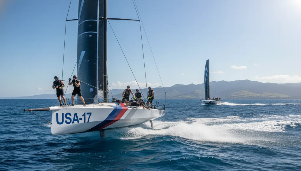 A dynamic scene depicting an America's Cup yacht racing at high speed on the open sea. In the foreground, athletic crew members, clad in professional sailing attire, are skillfully maneuvering sails and working on physical strength training exercises, showcasing modern techniques for shoulder prevention and enhancement in sailing. The middle ground includes the sleek hull of the yacht cutting through bright blue waves, with spray flying off the sides, reflecting the intensity of the race. The background features a vivid horizon with clear skies and distant land, conveying the vastness of the ocean. The lighting is bright and natural, accentuating the energy of the moment. The image captures the exhilarating atmosphere, emphasizing teamwork, focus, and athleticism.