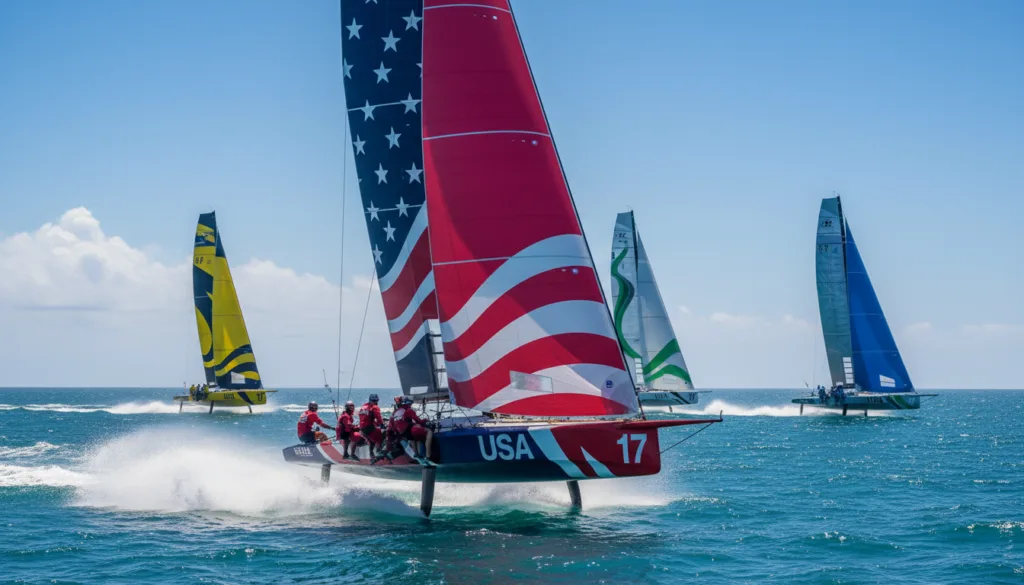 A dynamic scene of an America's Cup yacht racing at high speed, capturing the thrill of competitive sailing. In the foreground, the sleek yacht with vibrant sails is cutting through the crystal-clear blue waves, with water splashing dramatically as it leans into the wind. Crew members, dressed in professional sailing gear, are strategically positioned, showcasing teamwork and focus. In the middle ground, several other yachts are seen racing closely, illustrating the intense competition. The background features a clear sky dotted with a few fluffy clouds, adding to the vibrant atmosphere of a sunny day on the ocean. The lighting is bright and natural, highlighting the yacht’s sleek design, while an angled perspective from slightly above enhances the sense of speed and excitement.