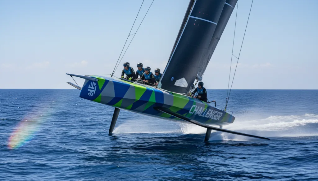 A high-speed America's Cup racing yacht with a wing foil cutting through the azure waves of the open sea. In the foreground, the sleek hull of the yacht is adorned with modern design elements and a vibrant color scheme, displaying impressive aerodynamics. The wing foil, elevated above the water, showcases its innovative shape, reflecting sunlight in a dazzling array of colors. In the middle ground, a soft mist rises from the ocean surface, while the crew, dressed in professional sailing attire, executes precise maneuvers, focused yet relaxed. The background features a clear blue sky dotted with wispy clouds, enhancing the sense of speed and dynamism. The lighting is bright and natural, evoking a sense of energy and adventure, captured with a wide-angle lens to emphasize the yacht's impressive scale against the vastness of the ocean.