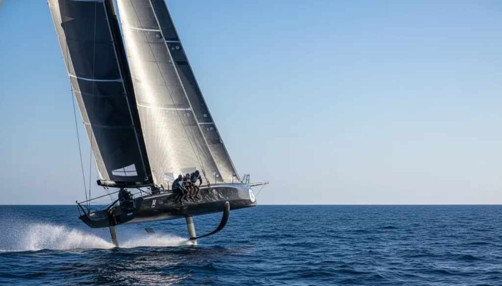 A high-speed America’s Cup yacht is racing across the open sea, showcasing its advanced wing sail with intricate textures and materials designed for optimal rigidity and performance. In the foreground, focus on the sleek wing sail, capturing its aerodynamic shape against the sunlight, which creates shimmering reflections and highlights. The middle ground features the agile yacht cutting through waves, water splashes accentuating its speed. The background presents a vast expanse of a deep blue ocean under a clear sky, adding an exhilarating atmosphere. Use a dynamic low-angle perspective to emphasize the yacht's power and movement. The lighting is bright and crisp, highlighting the engineering details of the wing material while evoking a sense of adventure and innovation.