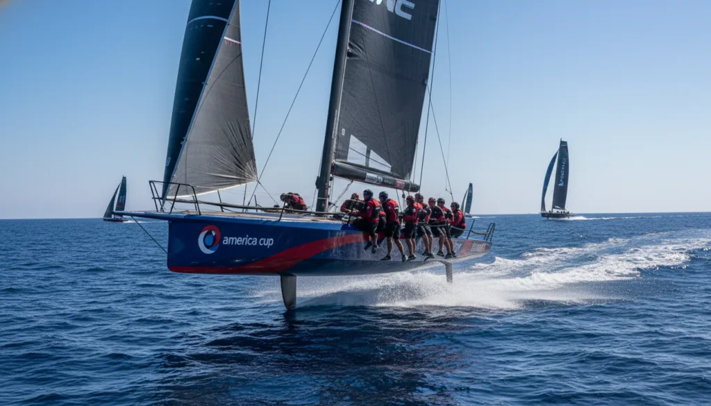 A high-speed America's Cup yacht racing on the open sea, gracefully heeled over, slicing through waves under a bright blue sky. In the foreground, the sleek hull of the yacht is contrasted against the white sails billowing in the wind, capturing the tension and excitement of the race. The crew, dressed in professional sailing gear, is actively adjusting the sails, their focused expressions enhancing the sense of teamwork. The middle ground features the glistening ocean, dotted with splashes of white foam created by the yacht's movement. In the background, other competing yachts are faintly visible, creating a sense of urgency and competition. The lighting is bright and dynamic, emphasizing the vibrant colors of the yacht and the deep blue of the sea, while the angle is slightly low to accentuate the yacht's speed and agility. The mood is thrilling and energetic, embodying the essence of competitive sailing.