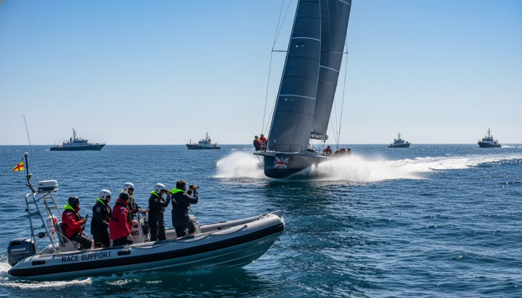 A realistic scene depicting a fleet of assistance boats organized around a high-speed America's Cup yacht racing on a bright, sunny day at sea. In the foreground, show a rescue boat with crew members wearing professional sailing attire, attentively monitoring the race and ready to provide support. The middle ground features the sleek racing yacht cutting through the waves, with sails fully unfurled and splashes of water dramatically illuminating the action. In the background, the vast ocean meets a clear blue sky, with distant outlines of additional support vessels ensuring safety during the regatta. The lighting is bright and vibrant, capturing the excitement and intensity of competitive sailing, while the angle is slightly elevated to provide a comprehensive view of the dynamic scene.