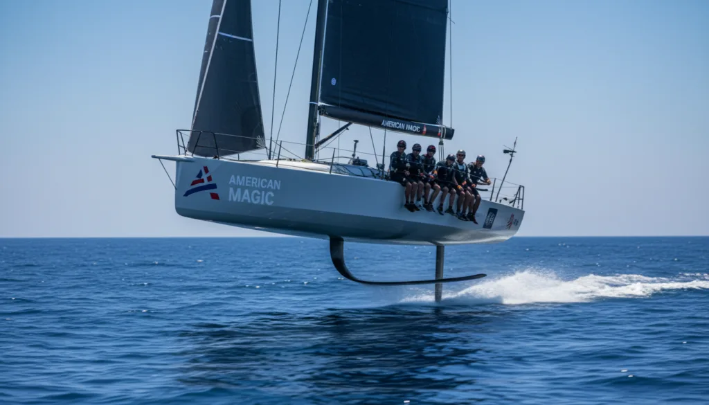 A stunning image of an America's Cup AC75 yacht racing at high speed on the open sea, showcasing the vessel's sleek aerodynamic design slicing through the waves. In the foreground, capture the dynamic action of the yacht with its foils elevated, causing it to lift out of the water, emphasizing extreme performance. The middle ground presents a close-up view of the crew in professional sailing attire, focused and engaged in maneuvers, enhancing the sense of speed and teamwork. The background features a vibrant blue ocean under a bright, clear sky, with sunlight reflecting off the water, creating an exhilarating atmosphere. Shot from a low angle, showcasing the yacht's impressive speed, with a slight motion blur to emphasize the rapid pace, conveying the thrill of extreme sailing. A stunning image of an America's Cup AC75 yacht racing at high speed on the open sea, showcasing the vessel's sleek aerodynamic design slicing through the waves. In the foreground, capture the dynamic action of the yacht with its foils elevated, causing it to lift out of the water, emphasizing extreme performance. The middle ground presents a close-up view of the crew in professional sailing attire, focused and engaged in maneuvers, enhancing the sense of speed and teamwork. The background features a vibrant blue ocean under a bright, clear sky, with sunlight reflecting off the water, creating an exhilarating atmosphere. Shot from a low angle, showcasing the yacht's impressive speed, with a slight motion blur to emphasize the rapid pace, conveying the thrill of extreme sailing.