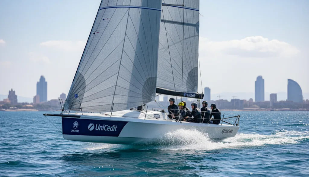 A thrilling scene of the UniCredit Youth America’s Cup 2024 in Barcelona, showcasing a sleek America's Cup yacht racing at high speed on the vibrant blue open sea. In the foreground, young sailors in professional sailing attire are actively maneuvering the boat, their expressions filled with determination and excitement. The middle ground features the dynamic motion of the yacht's sails billowing in the wind, splashing water all around. In the background, the stunning Barcelona skyline with its iconic architecture, under a bright, sunny sky dotted with fluffy clouds. Capture the essence of youthful talent, competition, and passion for sailing in a vibrant and energetic atmosphere. The lighting is bright and vibrant, emphasizing the excitement of the race, with a wide-angle view that highlights the action and the breathtaking scenery.