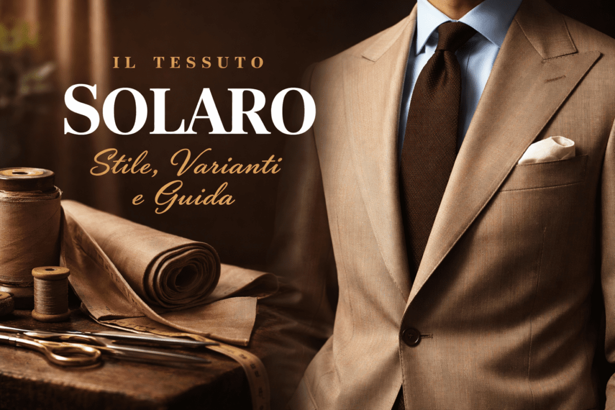 Il Solaro è uno dei tessuti più riconoscibili della sartoria maschile; òa sua superficie presenta un colore principale neutro, spesso beige o sabbia, mentre un sottile riflesso rosso o arancio appare quando la luce colpisce il tessuto