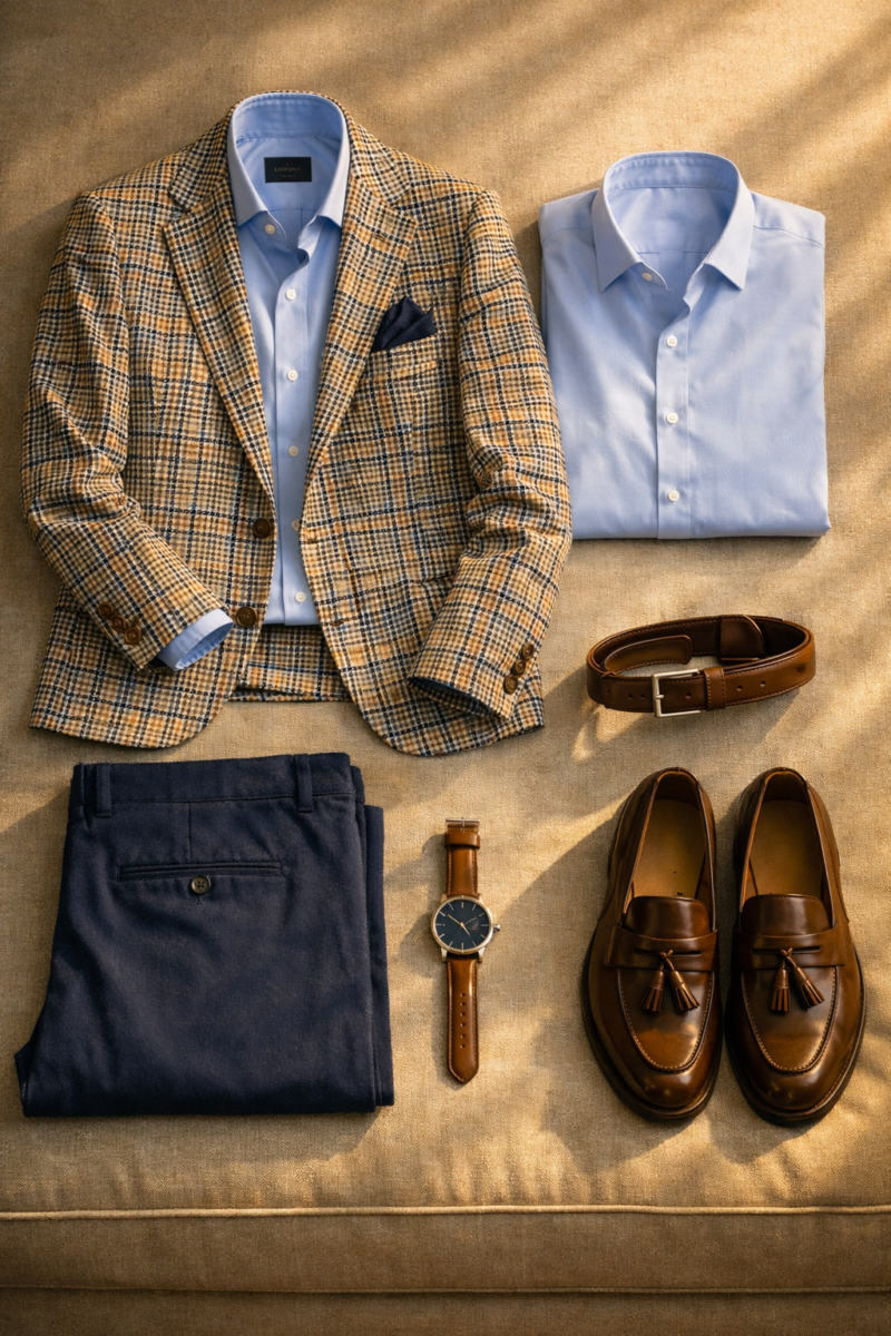 Blazer a quadri, camicia azzurra, dettagli in pelle: ogni gesto racconta un equilibrio tra ambizione e piacere, tra ritmo e stile.