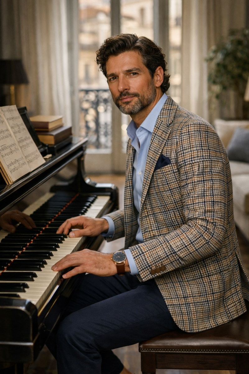 Blazer a quadri, camicia azzurra, dettagli in pelle: ogni gesto racconta un equilibrio tra ambizione e piacere, tra ritmo e stile.
