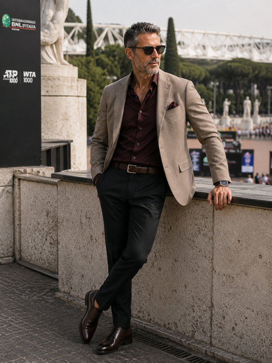 Blazer beige, camicia bordeaux e scarpe testa di moro.