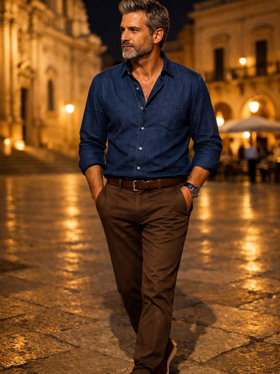 A Lecce, la sera cambia il ritmo.
Anche l’eleganza diventa più rilassata.
Niente costruzioni rigide.
Solo equilibrio, dettagli e presenza.
Vestirsi bene non significa apparire perfetti.
Significa sentirsi coerenti.