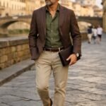 Il blazer struttura. La camicia rilassa il tono. Il pantalone chiaro illumina l’insieme