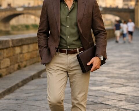 Il blazer struttura. La camicia rilassa il tono. Il pantalone chiaro illumina l’insieme