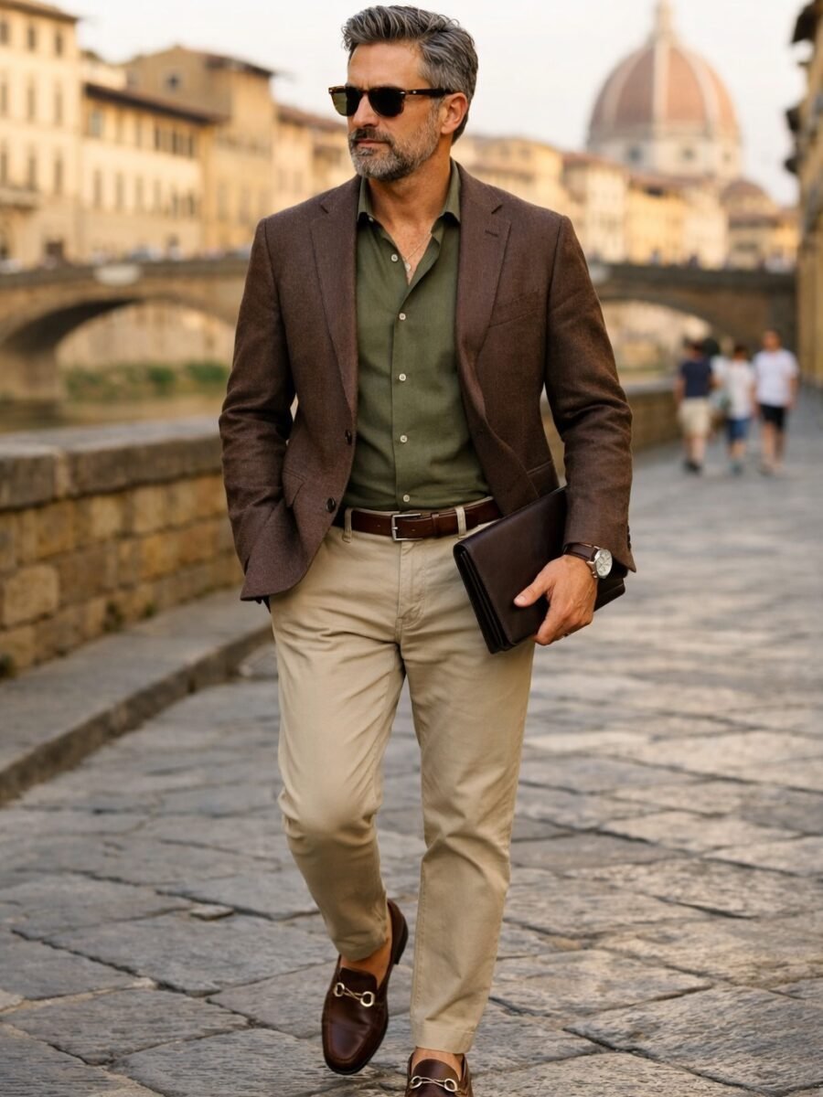 Il blazer struttura.
La camicia rilassa il tono.
Il pantalone chiaro illumina l’insieme.
