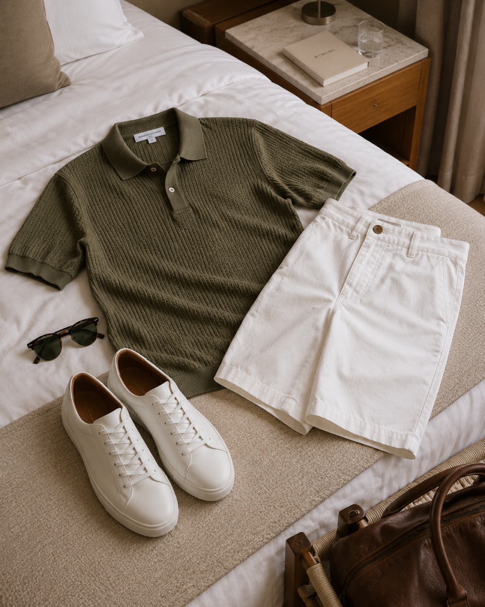 Una polo in maglia color oliva, shorts bianchi dal taglio pulito e sneakers essenziali. Pochi elementi, scelti con attenzione.