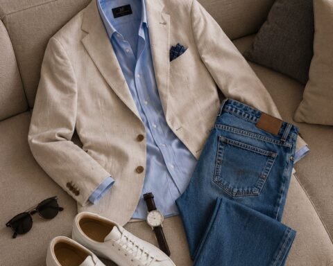 Un blazer chiaro, una camicia azzurro cielo, un denim ben scelto e la certezza di sentirsi a proprio agio in ogni situazione.