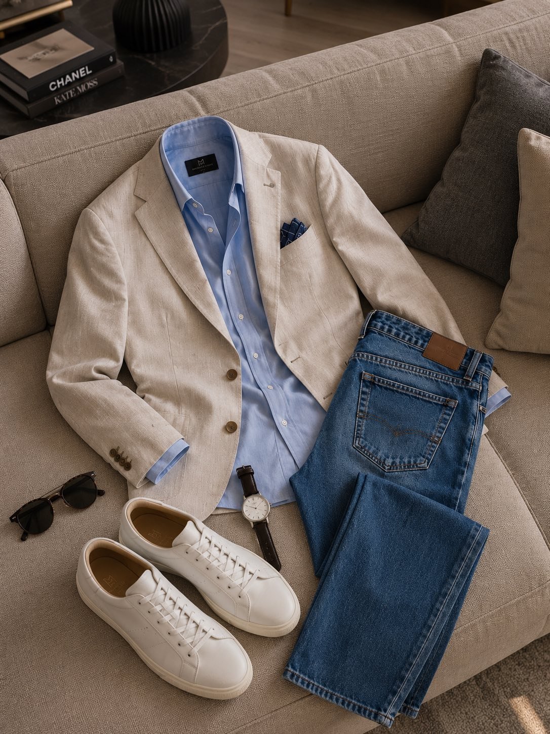 Un blazer chiaro, una camicia azzurro cielo, un denim ben scelto e la certezza di sentirsi a proprio agio in ogni situazione.