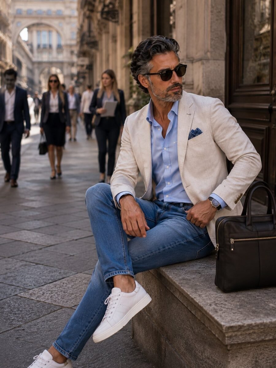 Un blazer chiaro, una camicia azzurro cielo, un denim ben scelto e la certezza di sentirsi a proprio agio in ogni situazione.