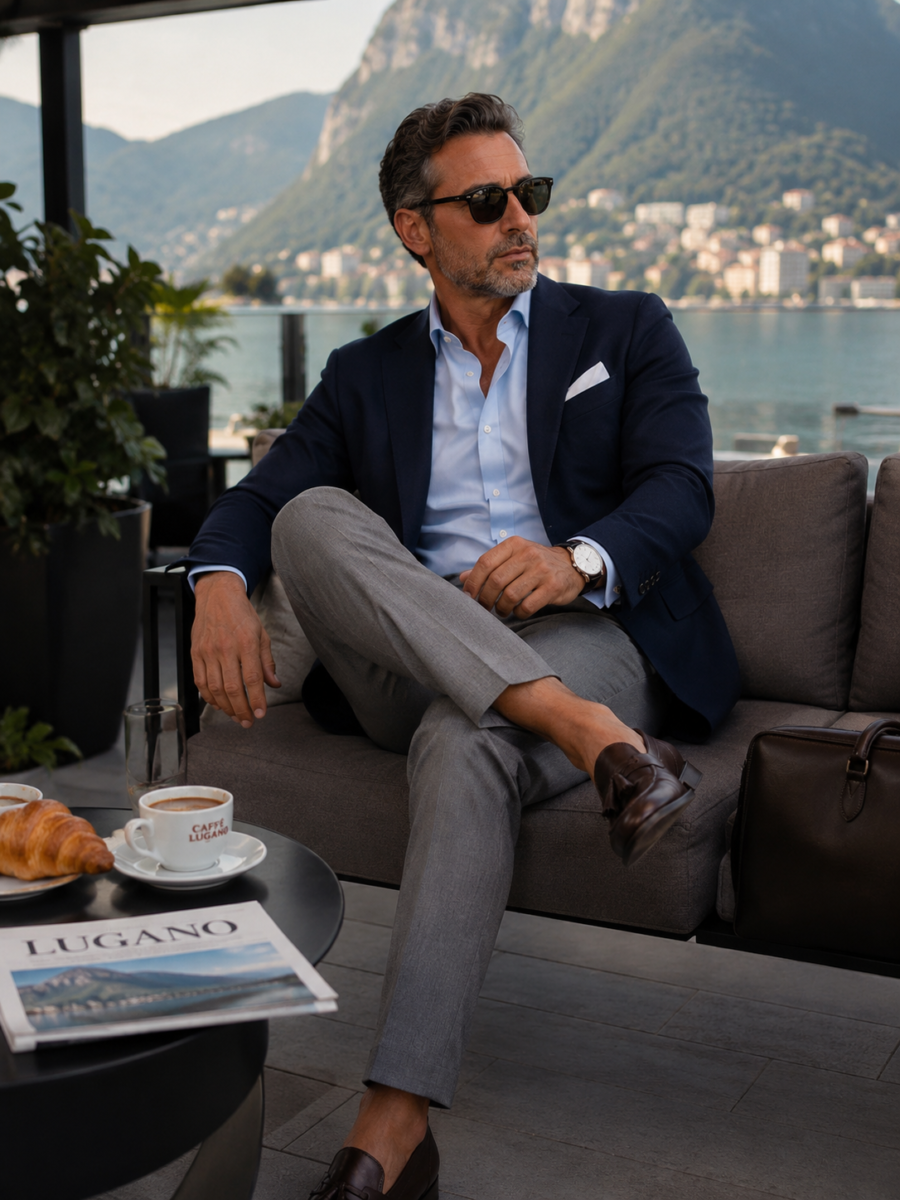 Blazer navy, camicia azzurro cielo e pantaloni grigio chiaro: un equilibrio perfetto tra autorevolezza, comfort e gusto contemporaneo.